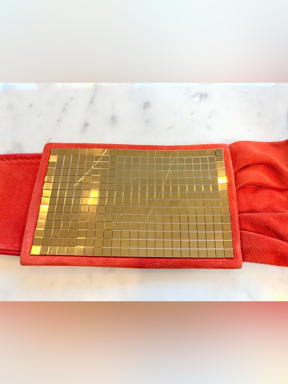Miss Sixty VTG suede cummerbund belt, disco panels, peg/hole, 4”w, 31-34”, red - Picture 8 of 15